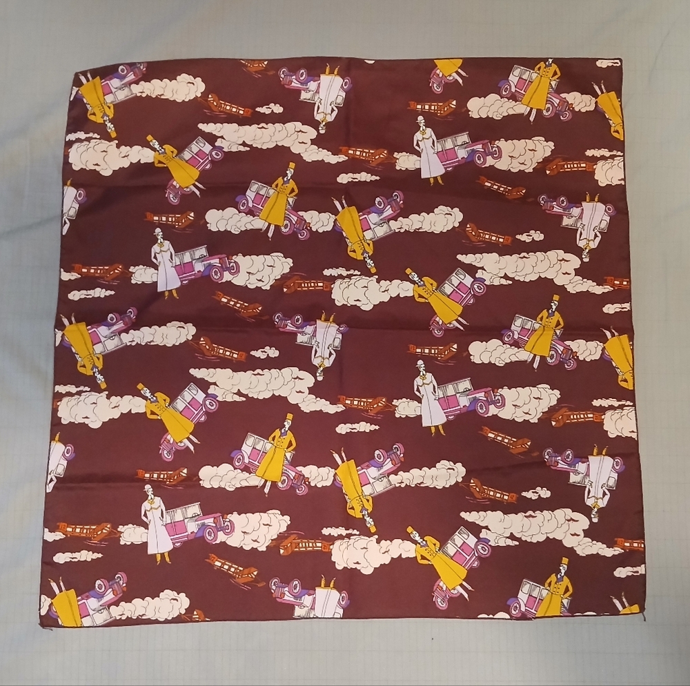 Unique Vintage Scarf Hankerchief Automobile Planes People Clouds Print